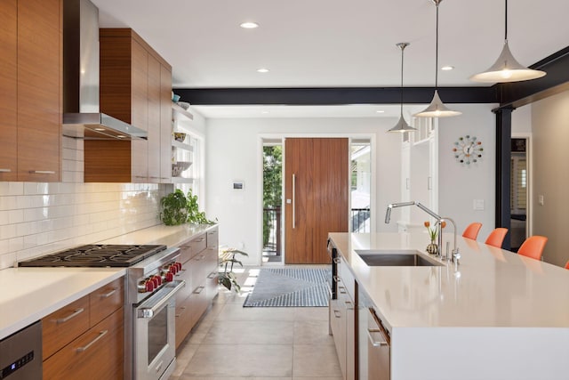 176 Peninsula Rd, Medicine Lake, MN 55441 - kitchen with high end stainless steel range oven, wall chimney range hood, a sink, modern cabinets, and recessed lighting