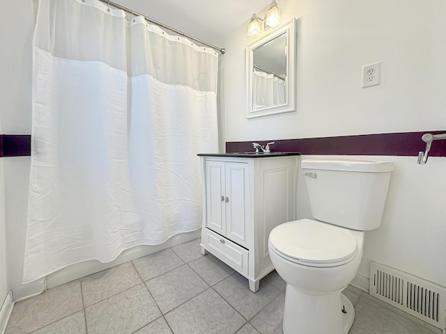 bathroom featuring visible vents, shower / bath combo with shower curtain, vanity, toilet, and tile patterned floors