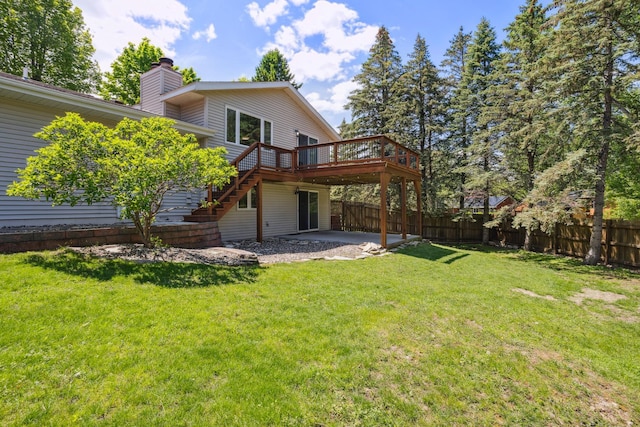 1112 Gabbert Cir, Eagan, MN 55123 - rear view of property featuring a wooden deck, stairs, a chimney, and a patio