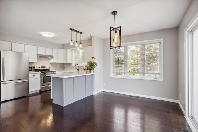 1112 Gabbert Cir, Eagan, MN 55123 - kitchen featuring stainless steel appliances, under cabinet range hood, a sink, baseboards, and light countertops