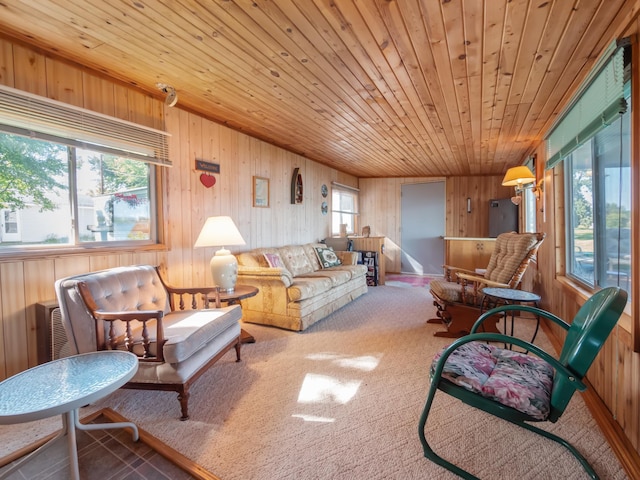 carpeted living room with wood walls and wooden ceiling
