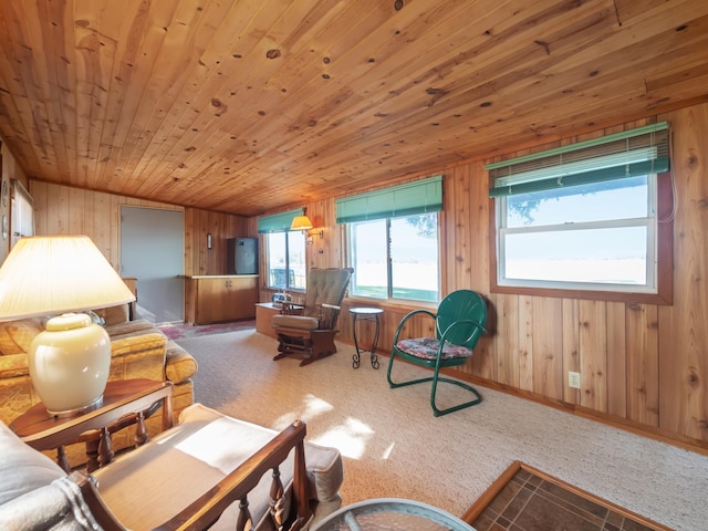 living room with carpet floors, wooden walls, and wood ceiling