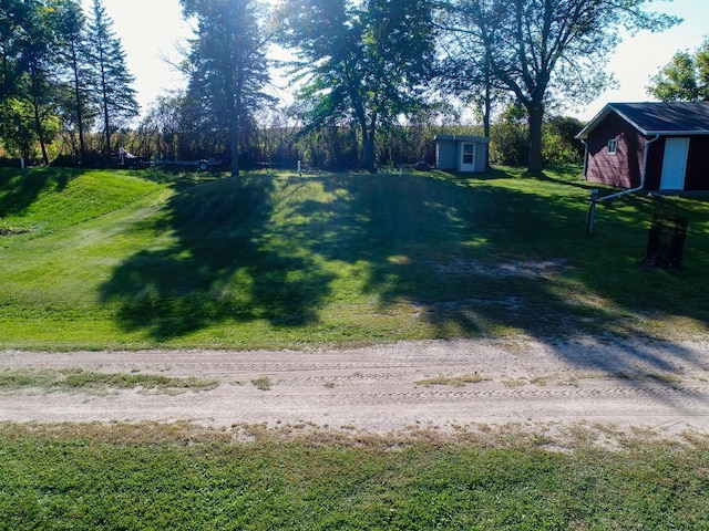 view of yard featuring a storage shed, an outdoor structure, and driveway