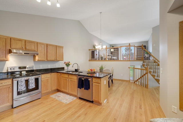 kitchen with a sink, an inviting chandelier, under cabinet range hood, dishwasher, and stainless steel electric stove