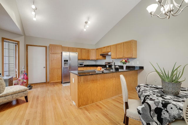 kitchen with appliances with stainless steel finishes, under cabinet range hood, an inviting chandelier, a peninsula, and high vaulted ceiling