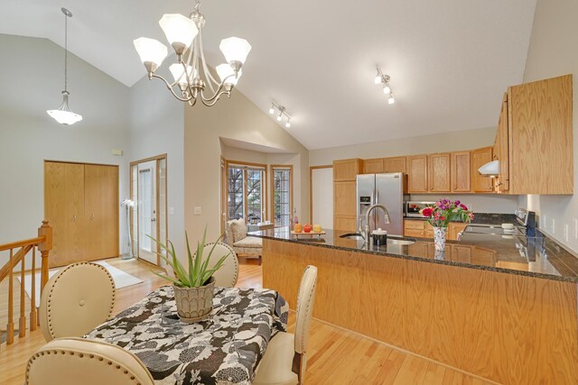 kitchen with light wood-style flooring, a sink, high vaulted ceiling, and stainless steel appliances