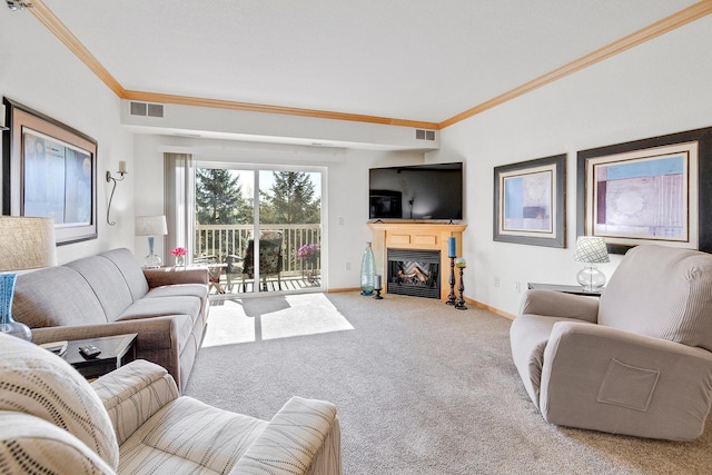 living room with ornamental molding, light carpet, a fireplace with flush hearth, and baseboards