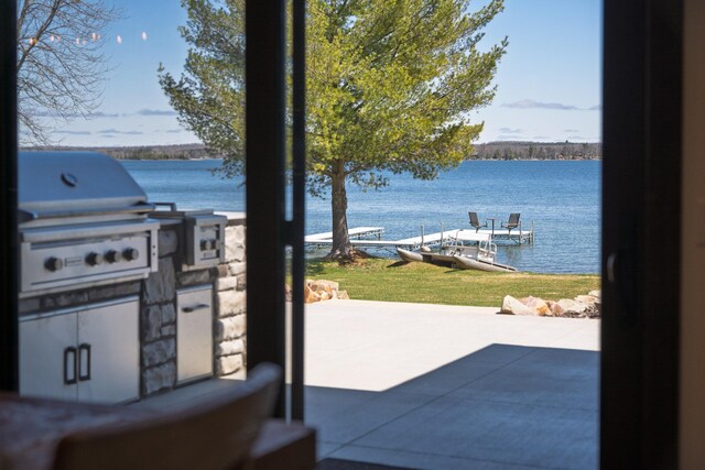 interior space with a water view