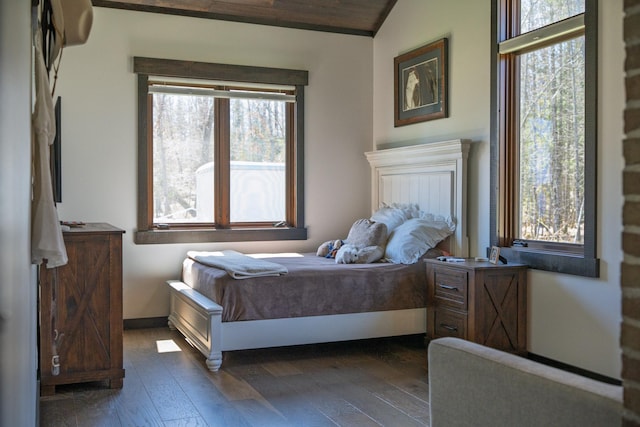 bedroom with multiple windows, dark wood finished floors, and baseboards