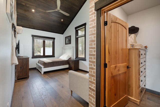 bedroom with wood ceiling, wood-type flooring, baseboards, ceiling fan, and vaulted ceiling