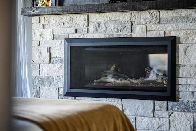 details featuring a glass covered fireplace