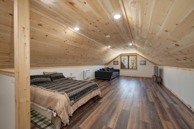 bedroom with lofted ceiling, recessed lighting, wooden ceiling, baseboards, and dark wood finished floors