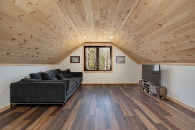 additional living space with baseboards, dark wood-style floors, wood ceiling, and vaulted ceiling