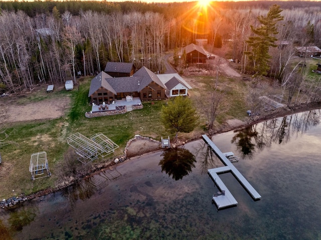 bird's eye view featuring a water view and a view of trees