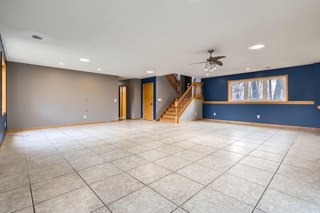 unfurnished living room featuring a ceiling fan, stairs, baseboards, recessed lighting, and light tile patterned flooring