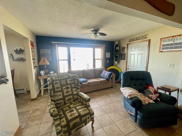 living room featuring light tile patterned floors, baseboard heating, ceiling fan, an AC wall unit, and a textured ceiling