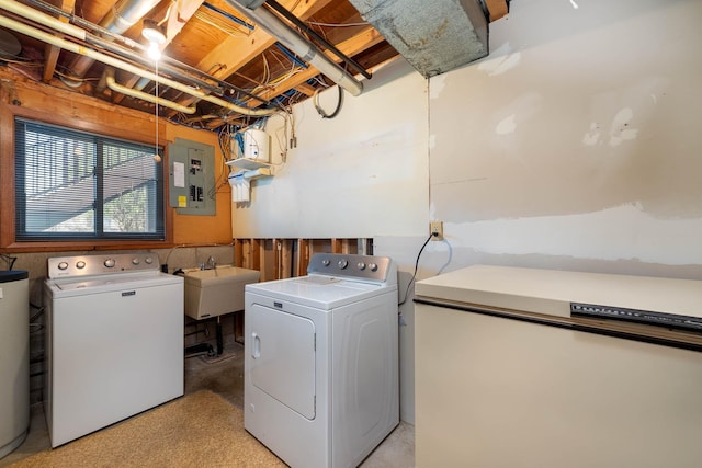 1540 Peggy Ln, North Mankato, MN 56003 - laundry area featuring water heater, independent washer and dryer, electric panel, and a sink