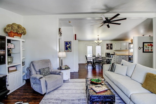 32290 US-71, Menahga, MN 56464 - living room with ceiling fan, dark wood finished floors, and a chandelier