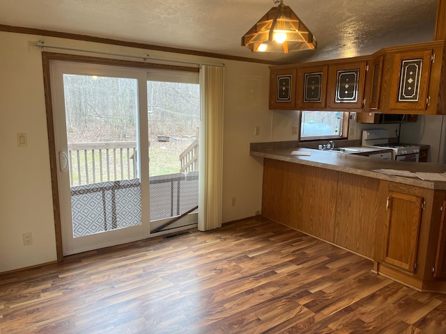 kitchen with white gas stove, a textured ceiling, crown molding, brown cabinets, and wood finished floors
