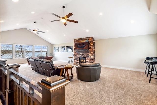 carpeted living area with baseboards, a ceiling fan, vaulted ceiling, and recessed lighting