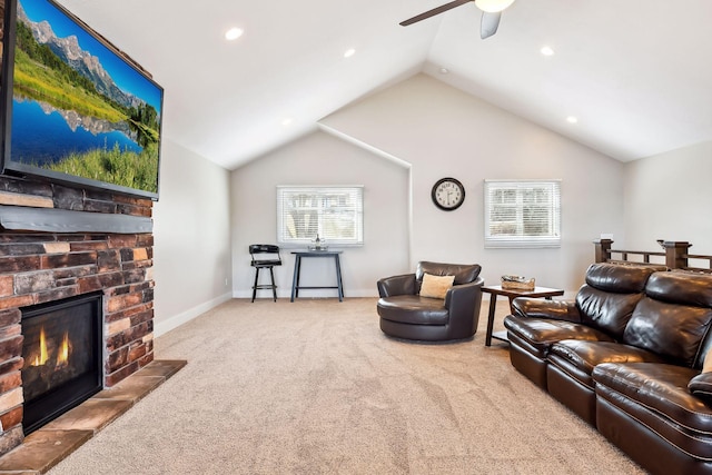 living room featuring carpet floors, a ceiling fan, lofted ceiling, and recessed lighting