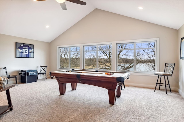 rec room featuring carpet floors, recessed lighting, ceiling fan, and pool table