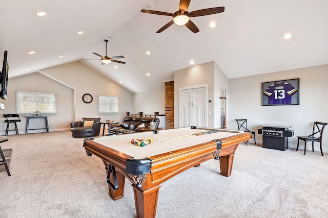 playroom featuring carpet flooring, ceiling fan, pool table, baseboards, and vaulted ceiling