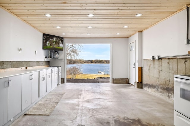 kitchen featuring concrete flooring, white electric range oven, recessed lighting, wood ceiling, and white cabinetry