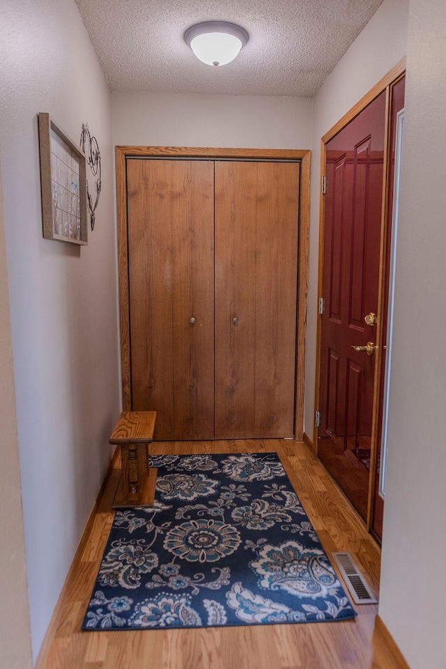 19447 County Road 1, Morris, MN 56267 - doorway with light wood-type flooring, visible vents, and a textured ceiling