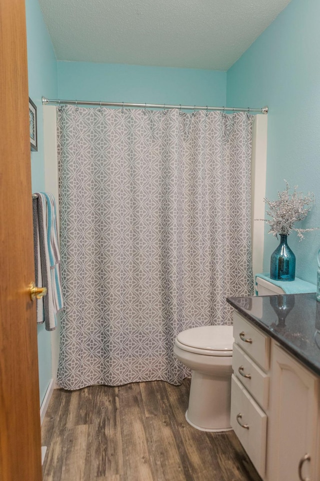 19447 County Road 1, Morris, MN 56267 - full bathroom featuring wood finished floors, toilet, vanity, a shower with curtain, and a textured ceiling