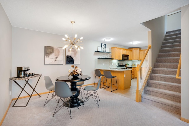 dining area with stairs, a chandelier, light colored carpet, and baseboards