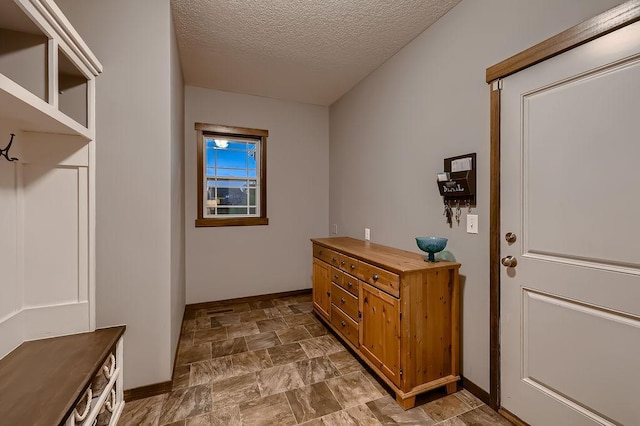 334 143rd Ave NW, Andover, MN 55304 - mudroom featuring stone finish floors, a textured ceiling, and baseboards