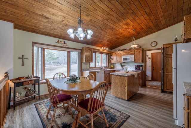 dining area featuring wooden ceiling, wood finished floors, a notable chandelier, and lofted ceiling