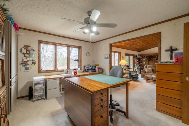 office area featuring crown molding, a ceiling fan, light colored carpet, and a textured ceiling