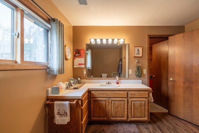 bathroom featuring visible vents, wood finished floors, and vanity