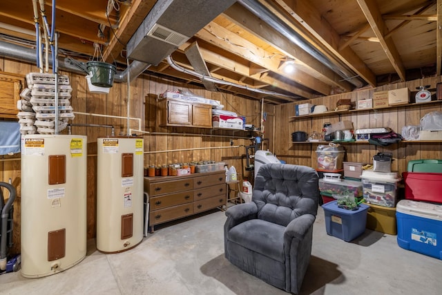 unfinished basement with wood walls and water heater
