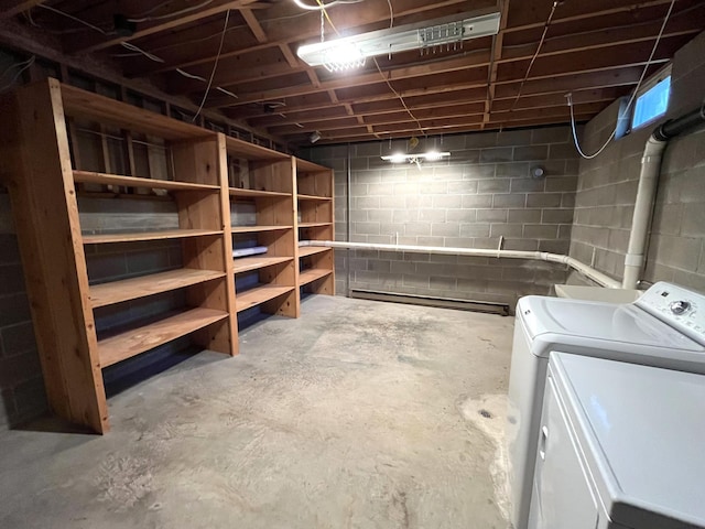 unfinished basement featuring washing machine and clothes dryer