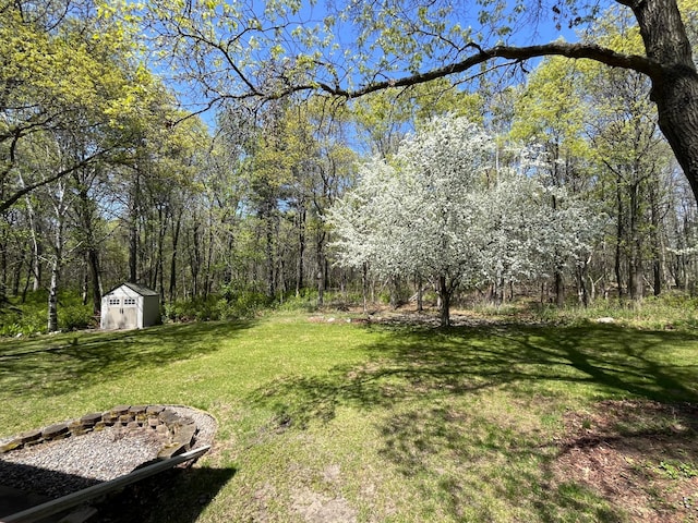 view of green lawn featuring a storage unit, an outbuilding, and a view of trees