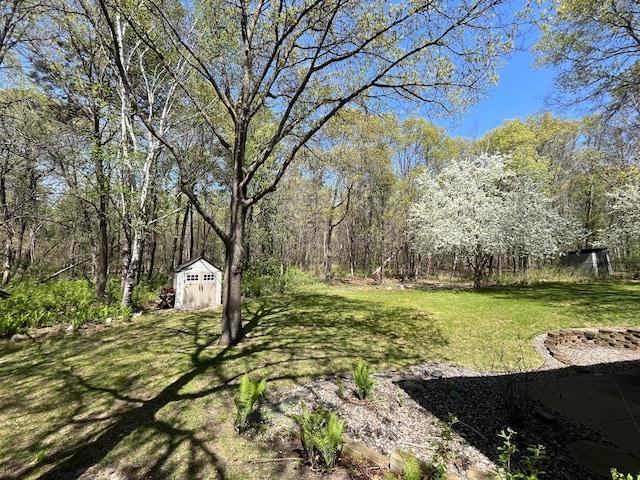 view of grassy yard with a storage unit and an outbuilding