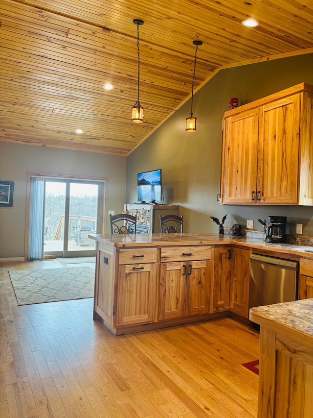 1008 Ruby St NW, Alexandria, MN 56308 - kitchen featuring dishwasher, wood ceiling, lofted ceiling, a peninsula, and decorative light fixtures