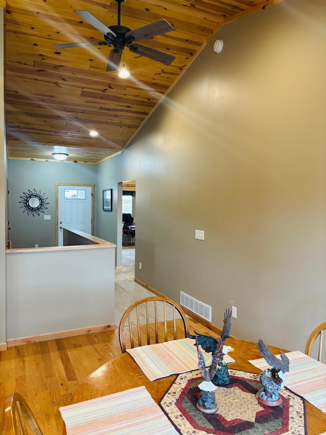 1008 Ruby St NW, Alexandria, MN 56308 - dining area featuring wooden ceiling, a ceiling fan, light wood finished floors, high vaulted ceiling, and baseboards