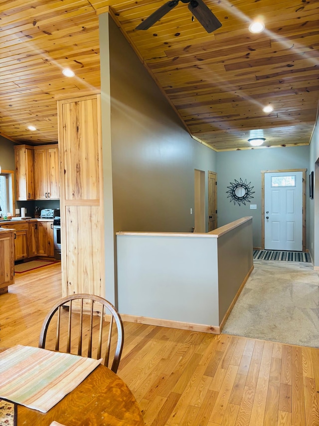 1008 Ruby St NW, Alexandria, MN 56308 - kitchen featuring wooden ceiling, light wood-style floors, ceiling fan, recessed lighting, and range