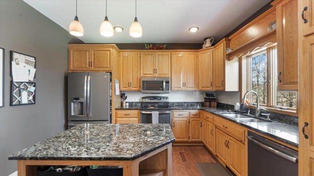 kitchen with dark wood-style floors, a sink, stainless steel appliances, open shelves, and hanging light fixtures