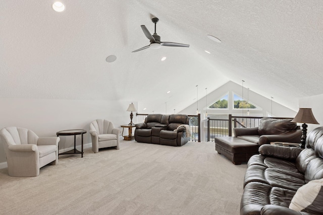 1929 Fagerness Point Rd, Orono, MN 55391 - carpeted living area with a ceiling fan, lofted ceiling, a textured ceiling, and baseboards