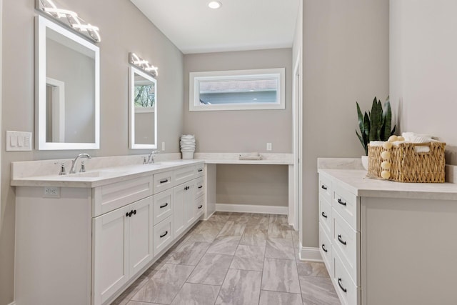 1929 Fagerness Point Rd, Orono, MN 55391 - full bath with marble look tiles, double vanity, and baseboards