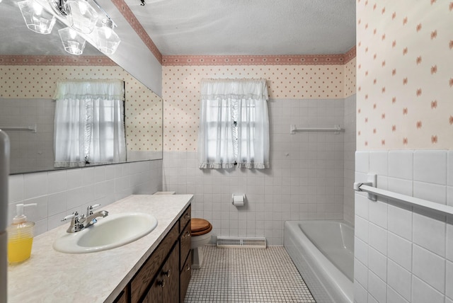 full bathroom with toilet, wallpapered walls, tile walls, visible vents, and a tub