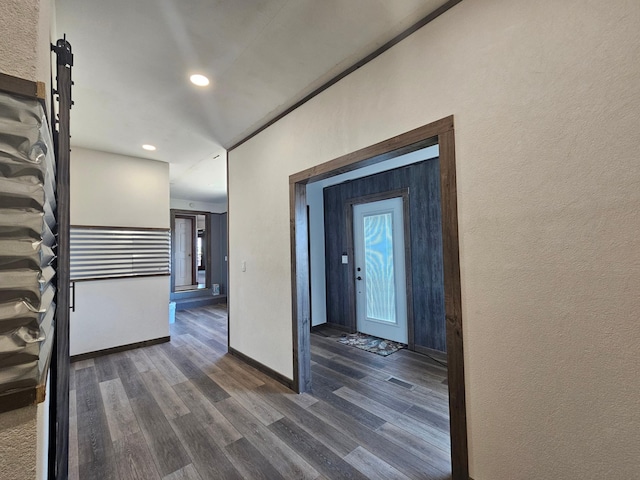 12405 State Highway 91, Leota Twp, MN 56155 - hallway with dark wood-style floors, recessed lighting, and a textured wall