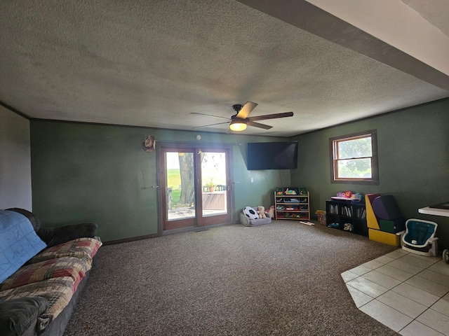 12405 State Highway 91, Leota Twp, MN 56155 - playroom featuring carpet floors, a textured ceiling, and a ceiling fan