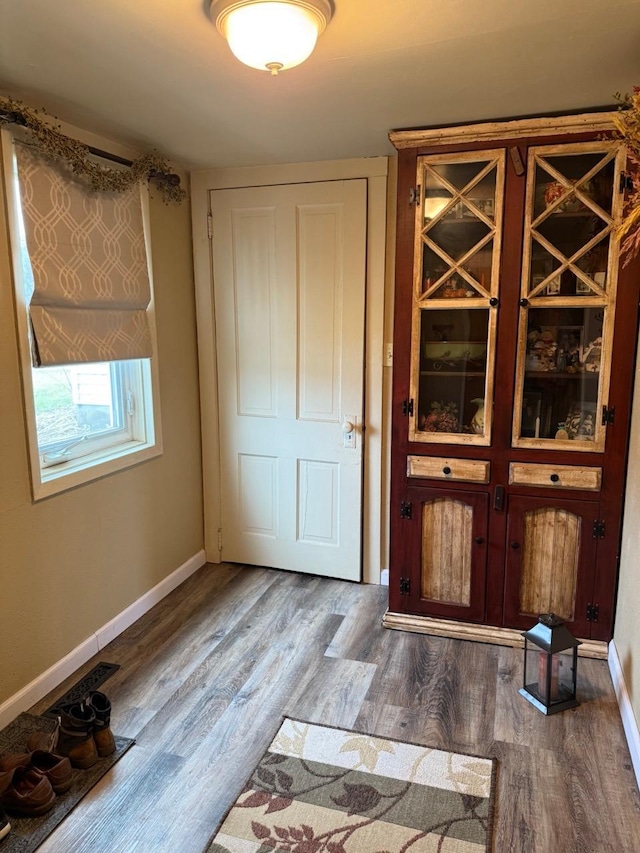 entryway featuring wood finished floors and baseboards