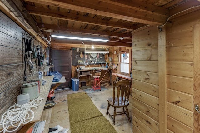 below grade area with a workshop area and wood walls